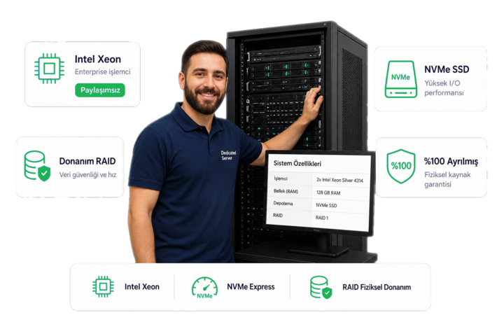 Dedicated sunucu fiziksel donanım: Intel Xeon, NVMe SSD ve donanım RAID