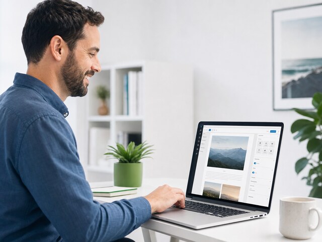 WordPress sitesi kuran gülen bir profesyonel, laptop başında ofis ortamında