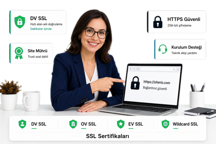 SSL sertifikası: HTTPS güvenli bağlantı, 256-bit şifreleme ve site mührü