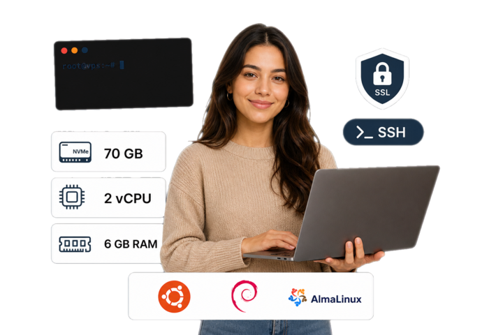 VPS sunucu: root SSH erişimi, NVMe disk ve Linux dağıtım seçenekleri