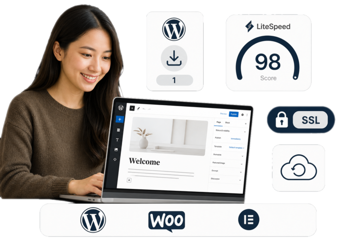 WordPress hosting: tek tık kurulum, LiteSpeed Cache, ücretsiz SSL ve eklenti uyumluluğu